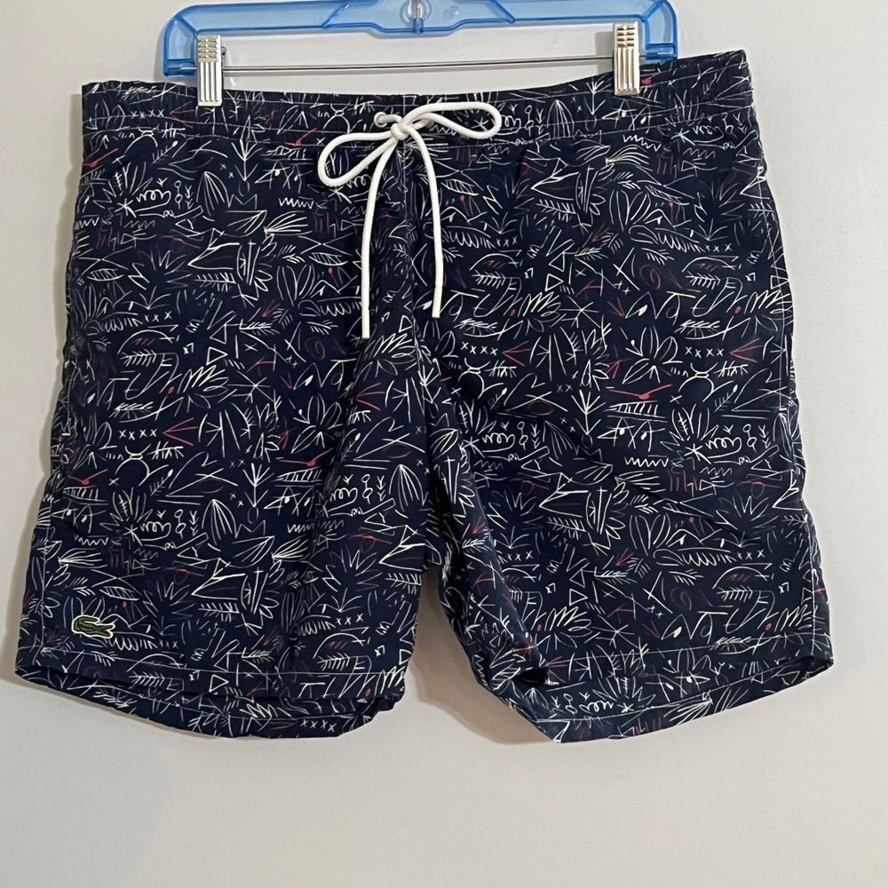 Lacoste Swim Trunks Shorts Navy Blue Abstract Doodle Print Mesh Lined Men's XL